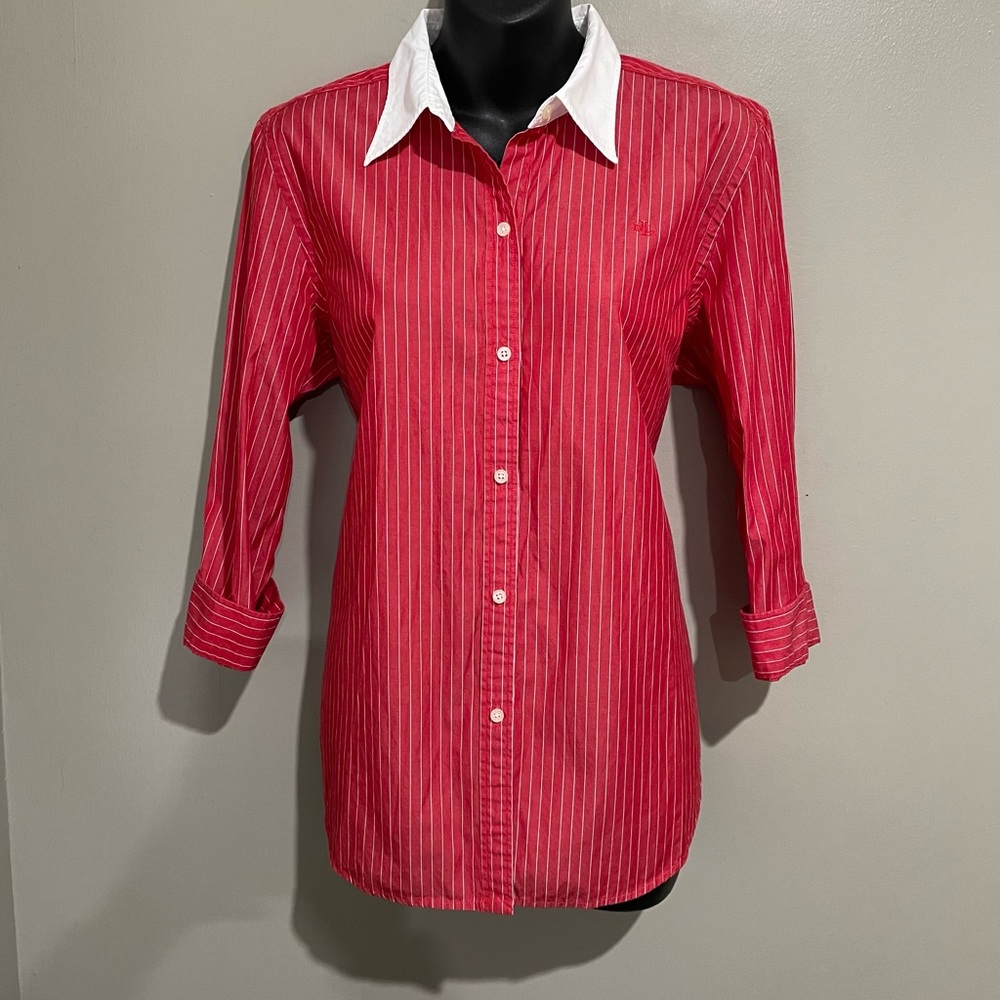 Ralph Lauren Red Pinstripe Button-Down Shirt with White Collar